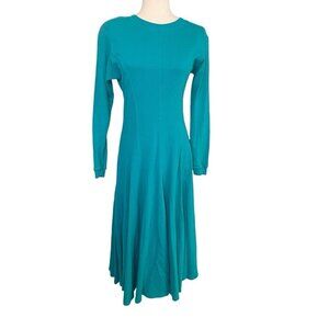 Vtg Midi Dress Teal Sz L Runs Med Full Skirt Knit Modest Deanna Troi Cosplay 90s